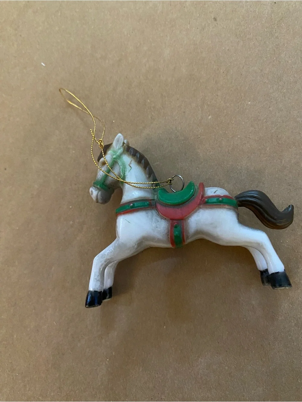 Vintage White Carousel Horse Ornament w/ Saddle, plastic, Traditional Christmas